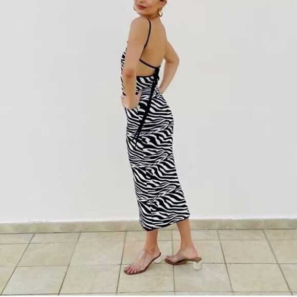 Zara Jacquard Knit Maxi Black White Dress Animal Zebra Print Backless Size M - Picture 3 of 12